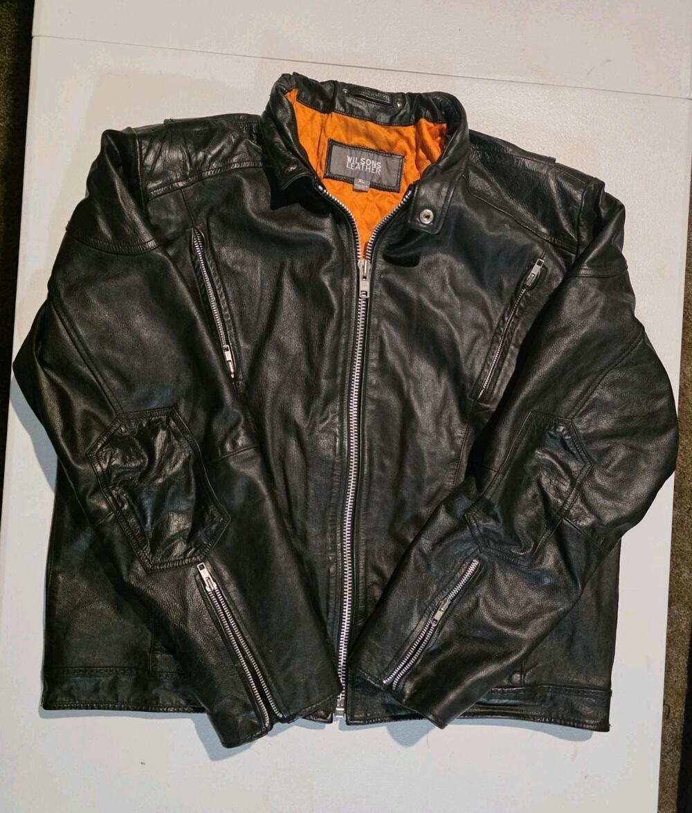 WILSONS LEATHER Men’s X-Large Heavy Black Motorcycle Jacket Cafe Racer Orange